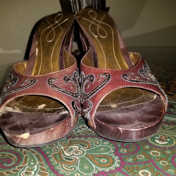 Nine West Embellished Brown Heeled Sandals - Picture 1 of 8